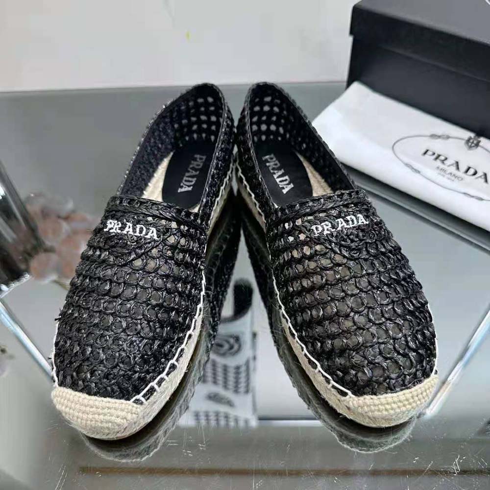Prada Women Crochet Espadrilles with Embroidered Logo-Black - image 5