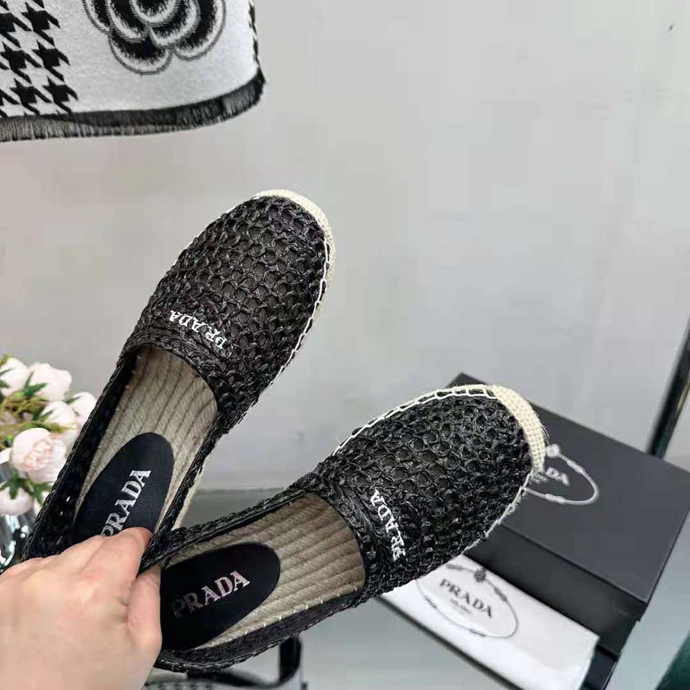 Prada Women Crochet Espadrilles with Embroidered Logo-Black - image 9