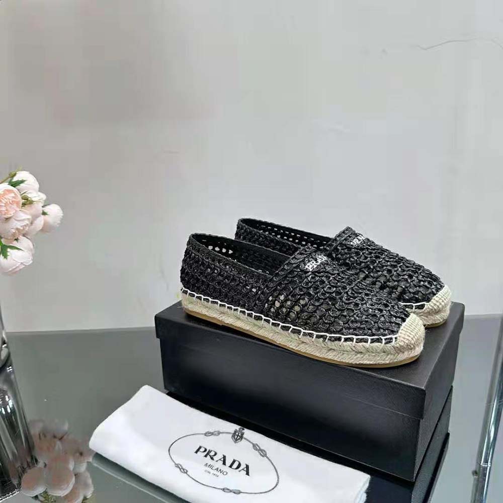 Overhead view of black Prada Women Crochet Espadrilles with jute sole detail
