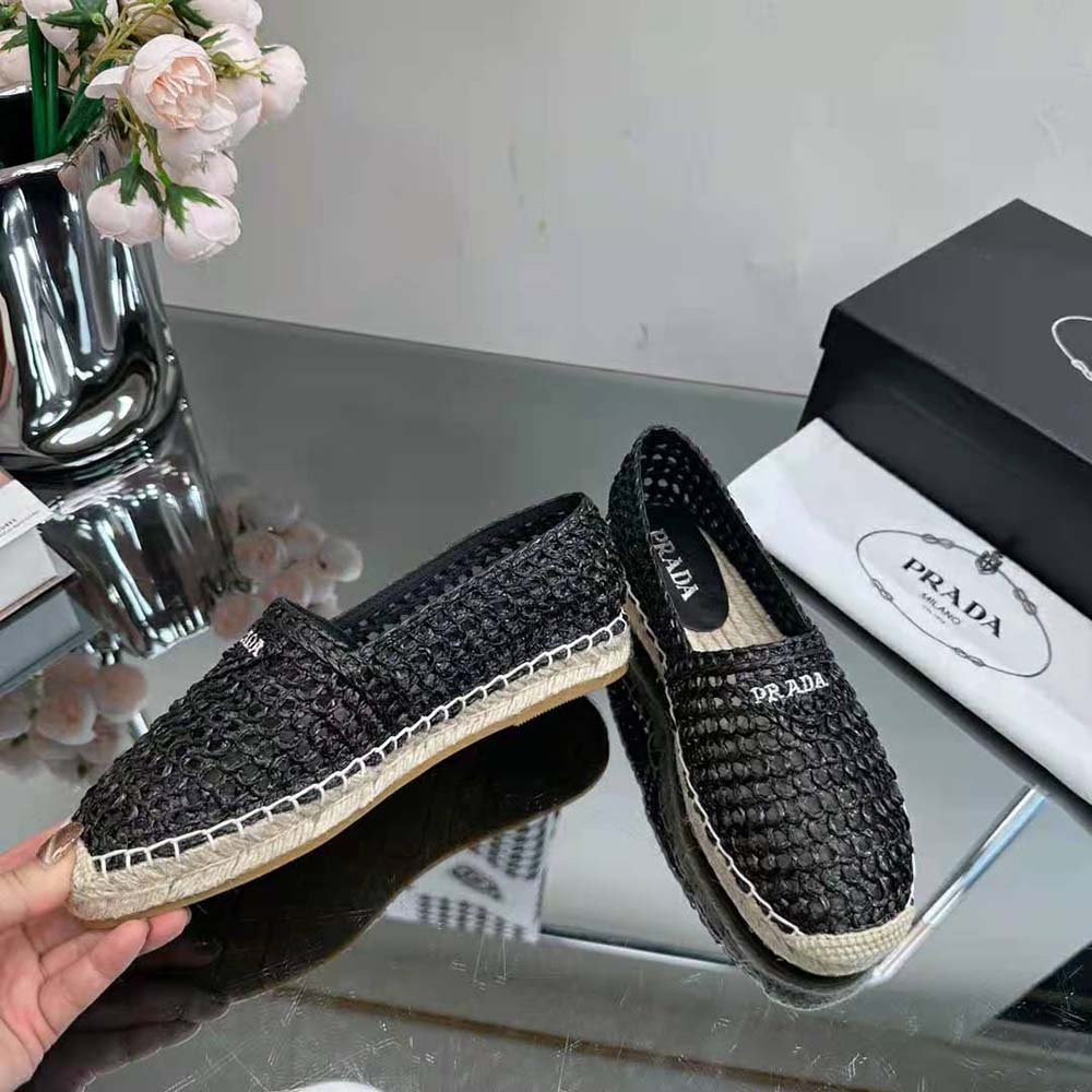 Prada Women Crochet Espadrilles with Embroidered Logo-Black - image 8