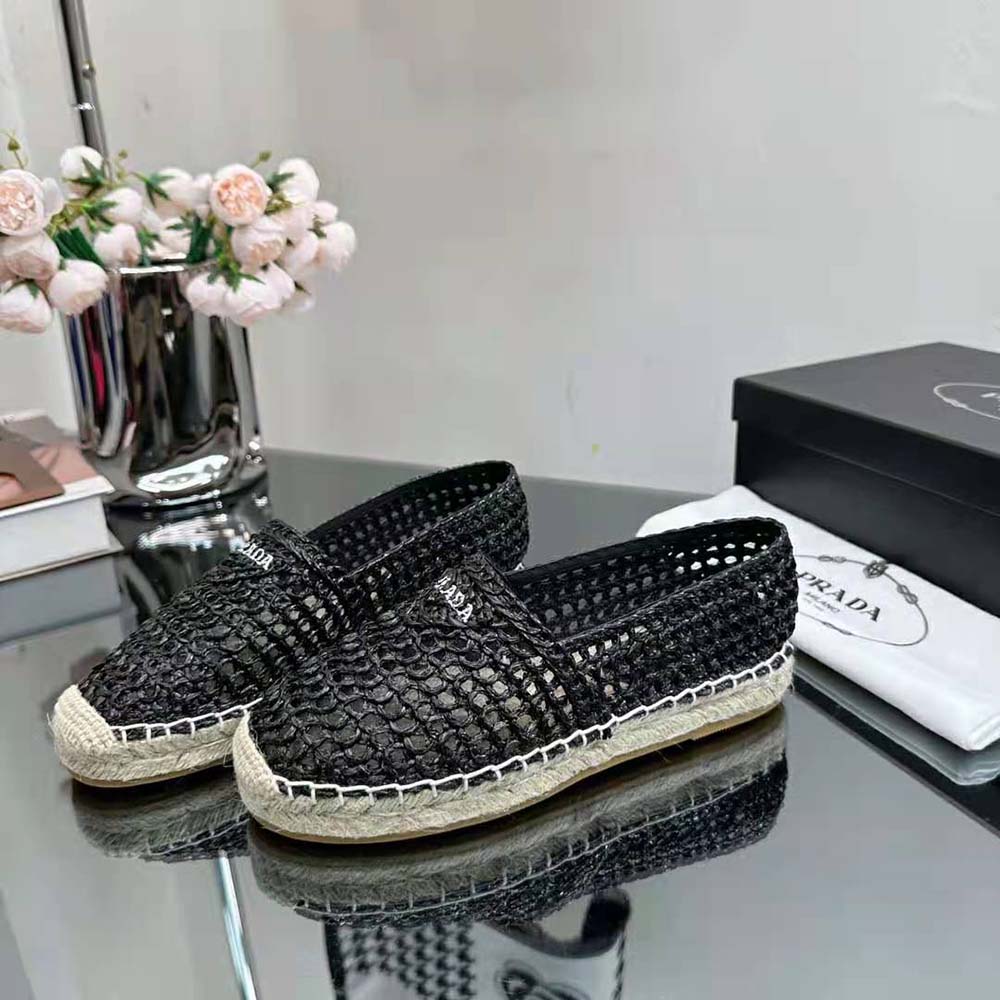 Prada Women Crochet Espadrilles with Embroidered Logo-Black - image 4