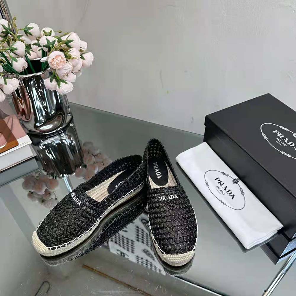 Prada Women Crochet Espadrilles with Embroidered Logo-Black - image 7