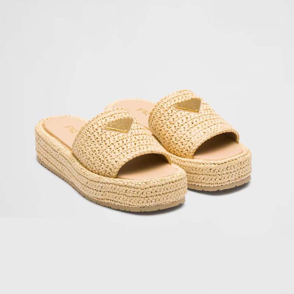 Side view of Prada Women Crochet Flatform Slides with Enameled Metal Triangle Logo-Beige