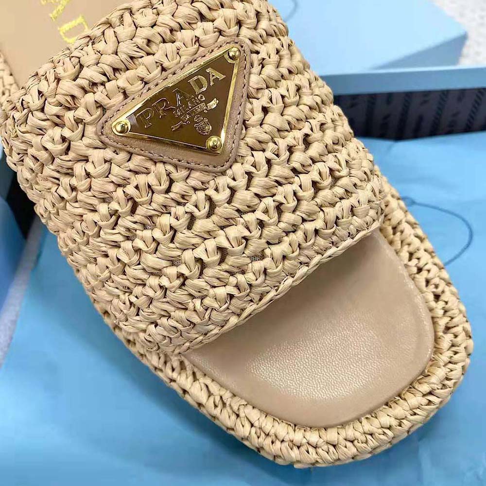 Prada Women Crochet Flatform Slides with Enameled Metal Triangle Logo-Beige - image 8