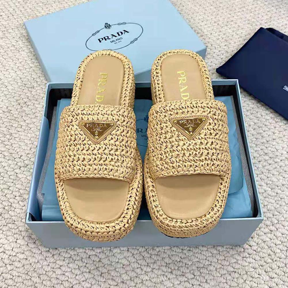 Top angle showing slip-on design of Prada Women Crochet Flatform Slides