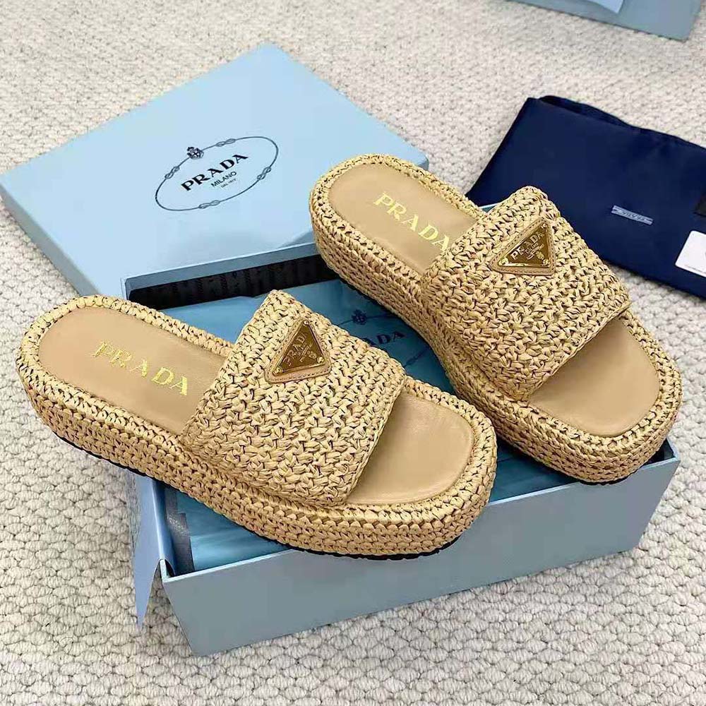 Prada Women Crochet Flatform Slides with Enameled Metal Triangle Logo-Beige - image 4