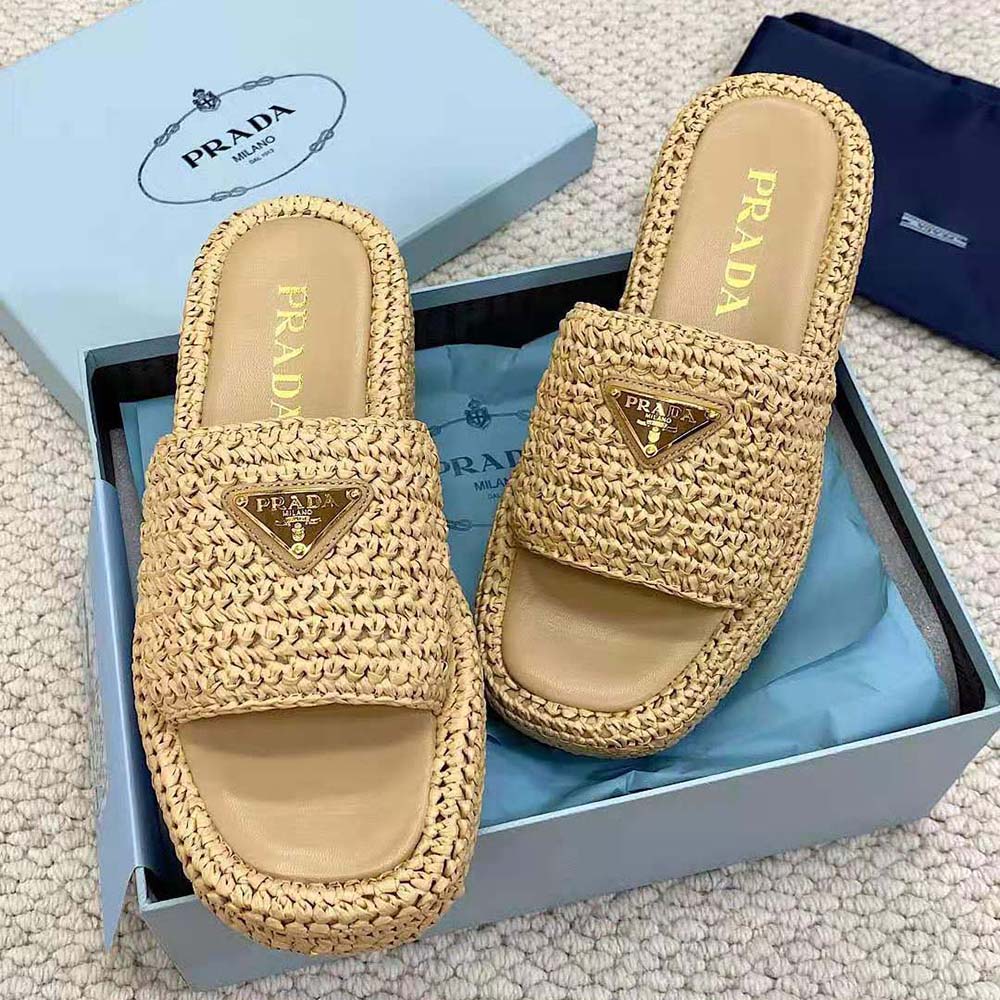 Prada Women Crochet Flatform Slides with Enameled Metal Triangle Logo-Beige - image 5