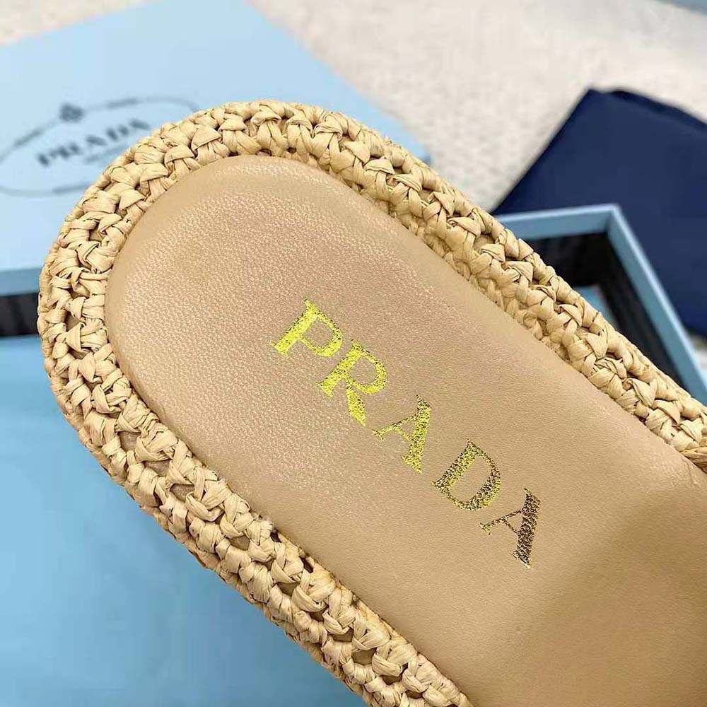 Prada Women Crochet Flatform Slides with Enameled Metal Triangle Logo-Beige - image 9