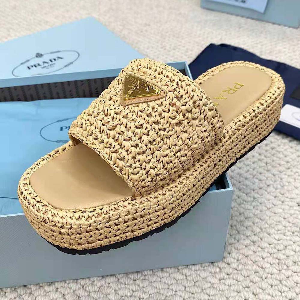 Prada Women Crochet Flatform Slides with Enameled Metal Triangle Logo-Beige - image 7