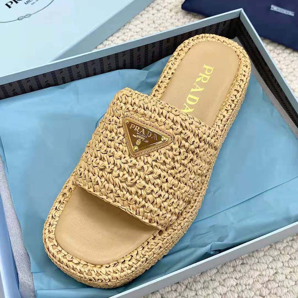 Prada Women Crochet Flatform Slides with Enameled Metal Triangle Logo-Beige - image 6