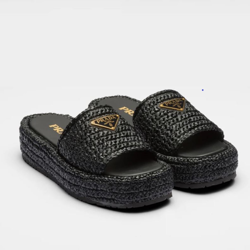 Side view of Prada Women Crochet Flatform Slides with Enameled Metal Triangle Logo-Black