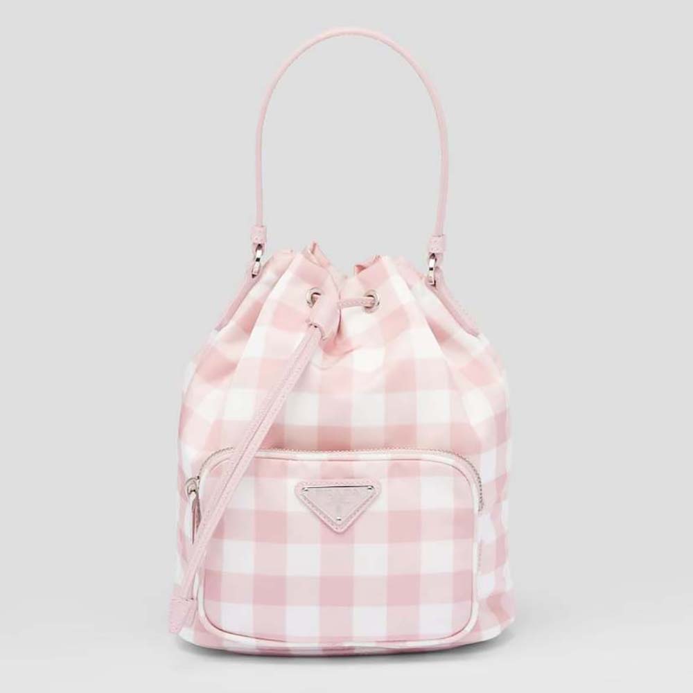 Front view of Prada Women Duet Printed Re-Nylon Bag-Pink with zip detail