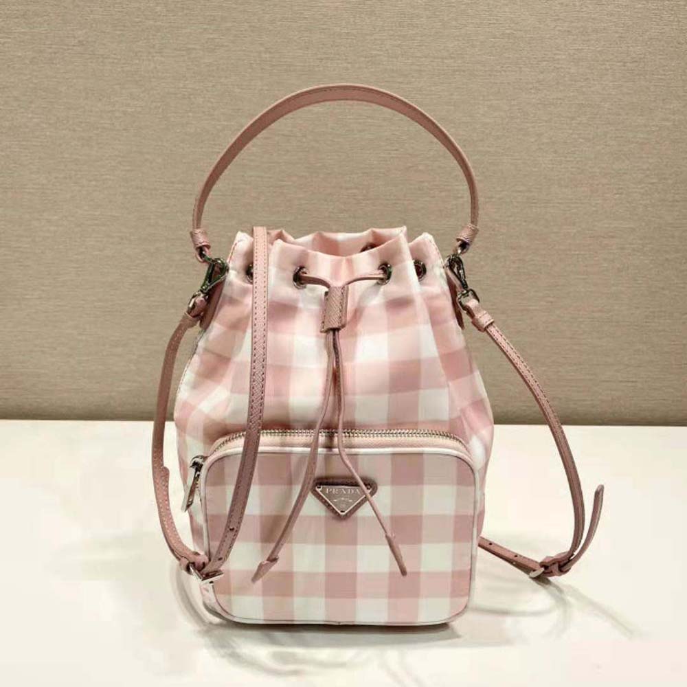 Close-up of silver-tone hardware on Prada Women Duet Printed Re-Nylon Bag-Pink