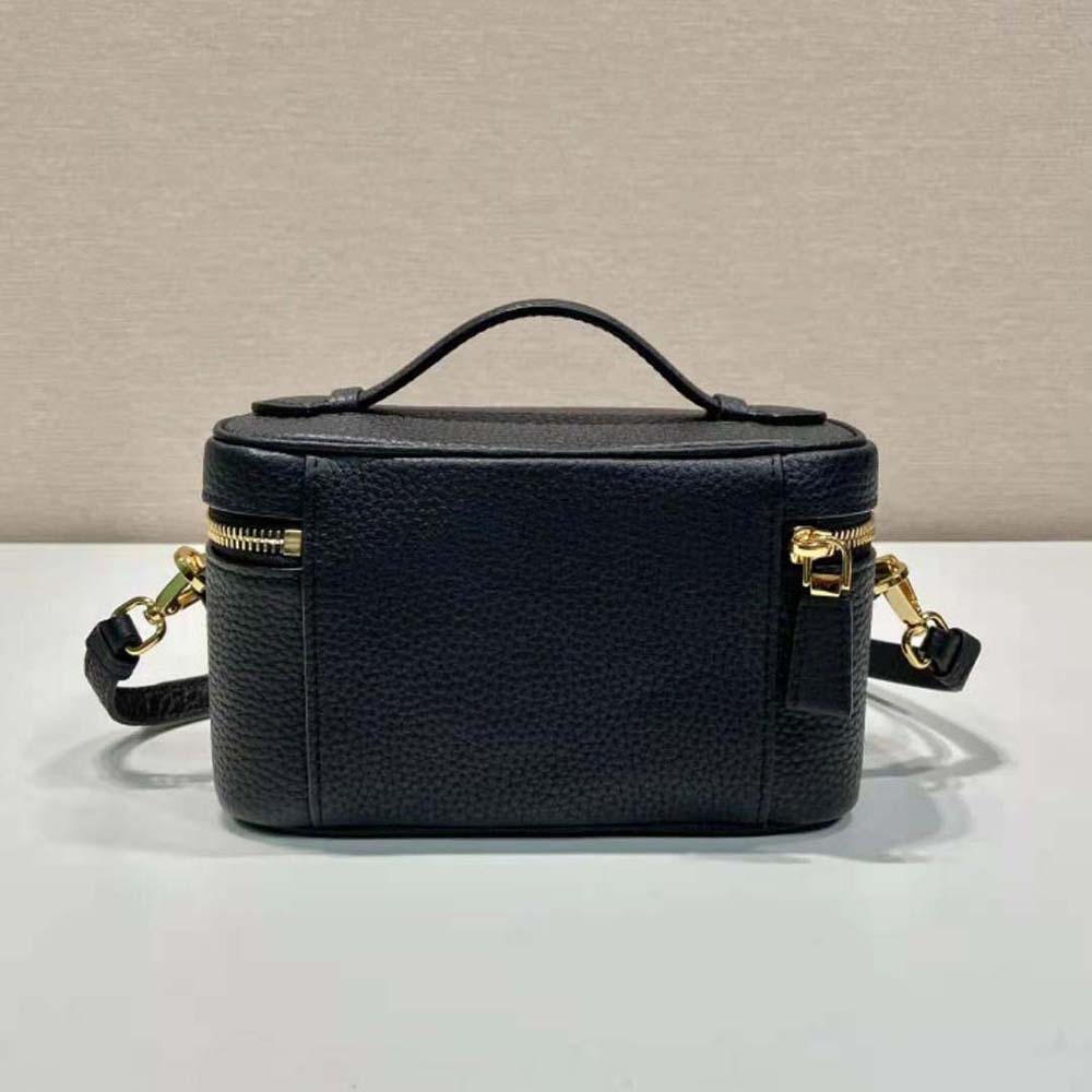 Side angle highlighting compact silhouette of Prada Women Leather Mini-Bag-Black
