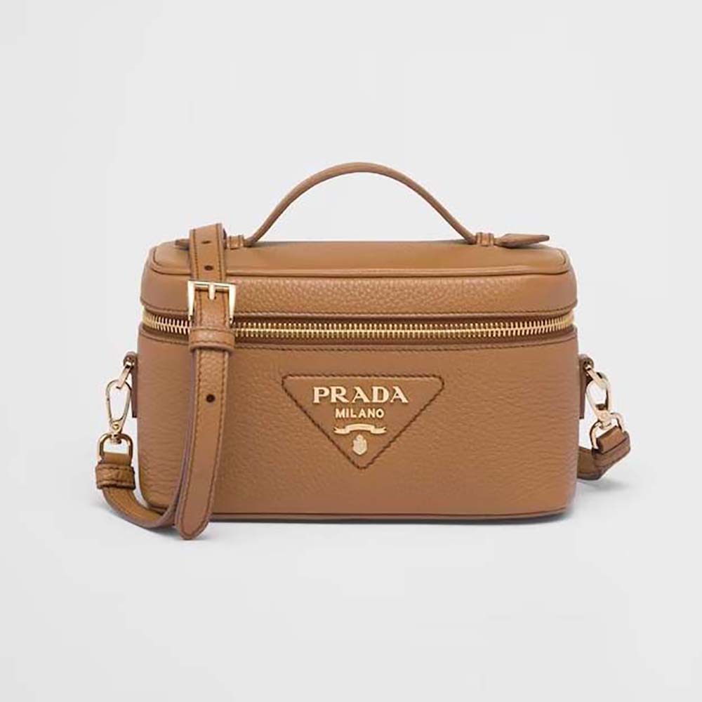 Front view of Prada Women Leather Mini-Bag-Brown with flap closed