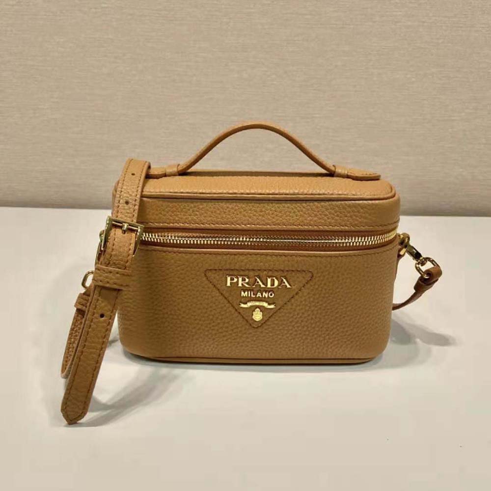Close-up of gold-tone Prada logo hardware on brown mini-bag