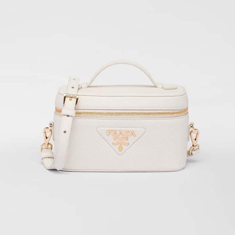 Front view of Prada Women Leather Mini-Bag-White with gold plaque