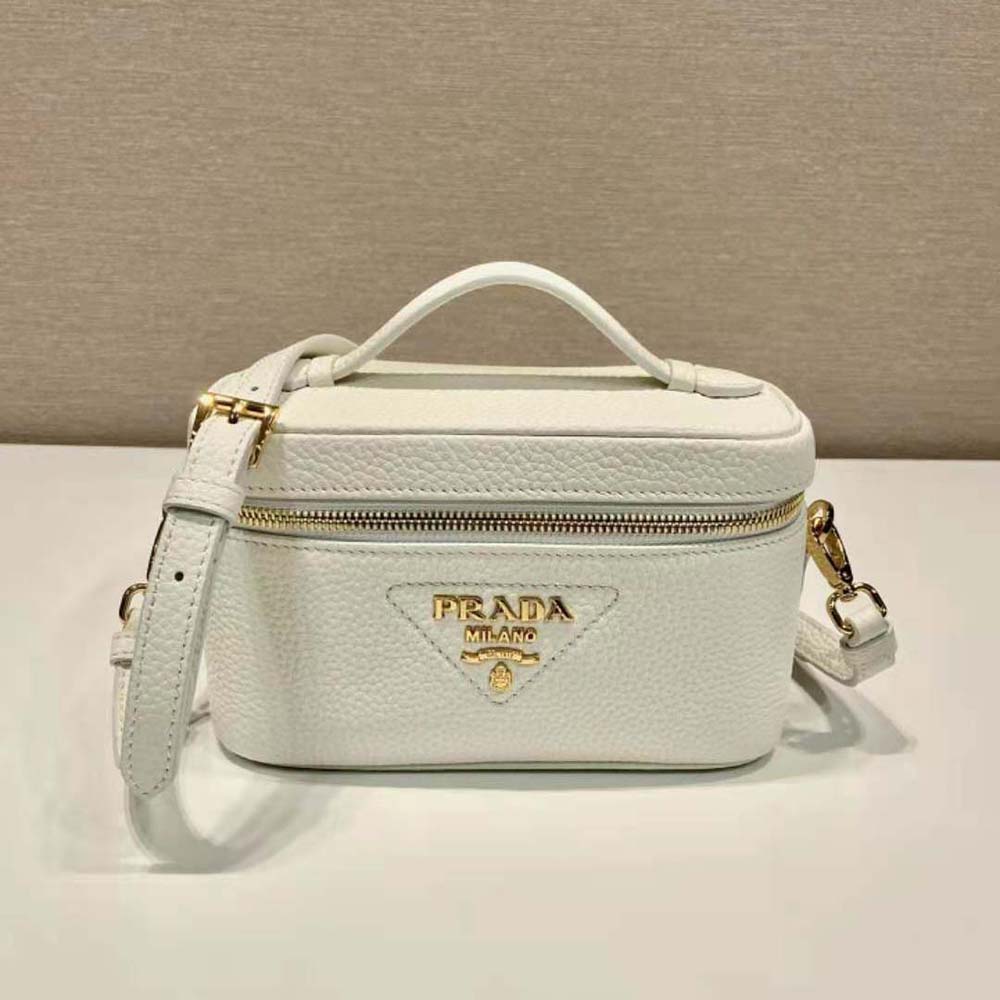 Close-up detail of smooth leather and flap closure on Prada Women Leather Mini-Bag-White