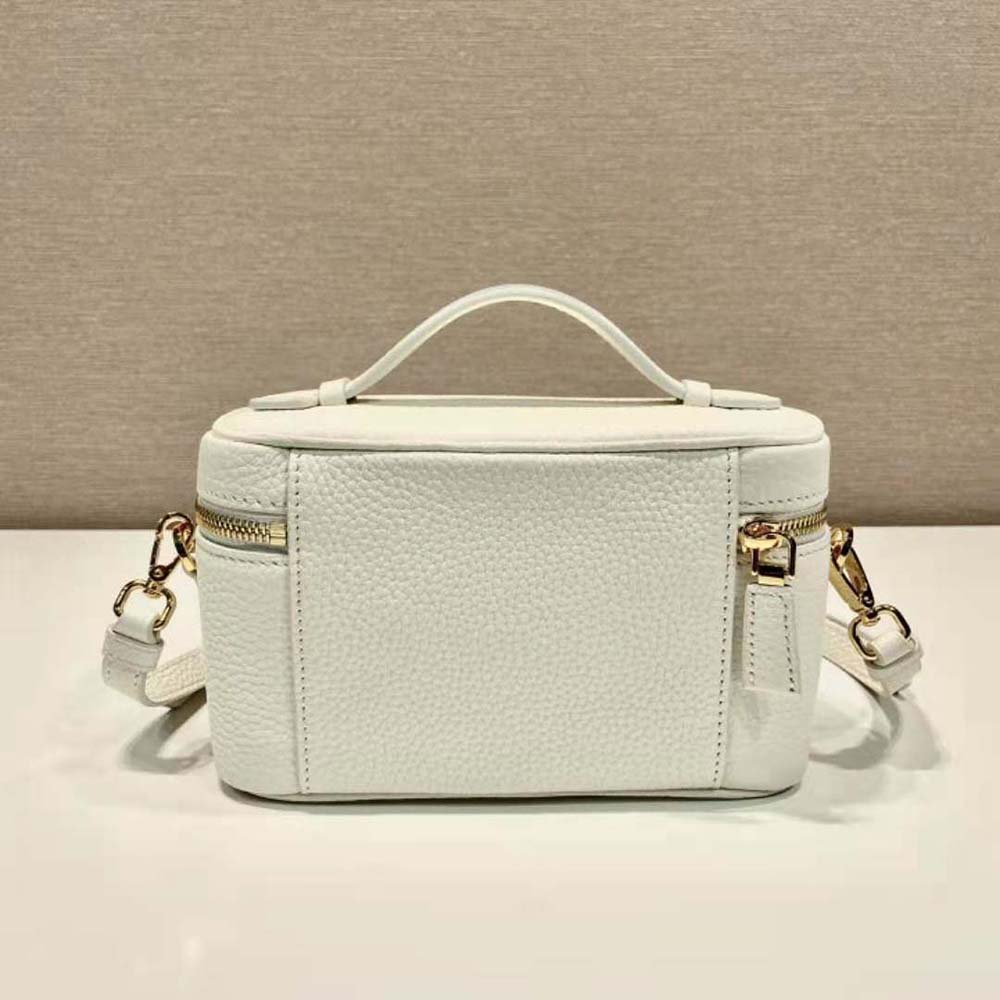 Side angle showing adjustable strap and compact silhouette of Prada Women Leather Mini-Bag-White