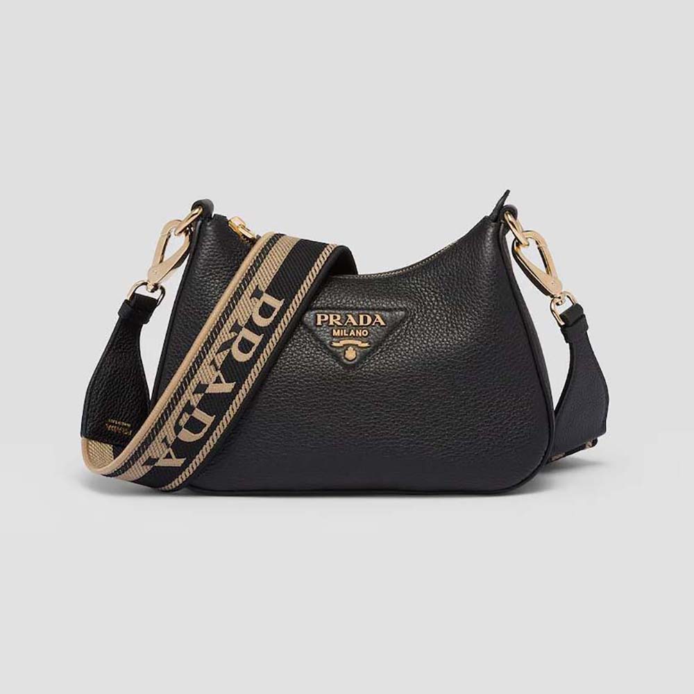 Front view of Prada Women Leather Shoulder Bag-Black with silver logo