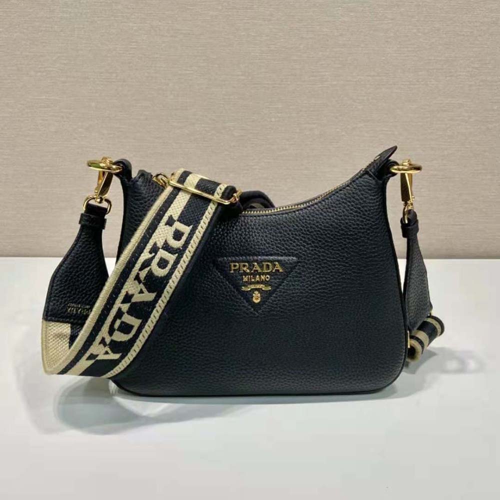 Close-up of smooth leather texture on Prada Women Leather Shoulder Bag-Black