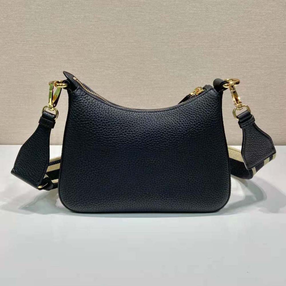 Side angle showing strap and closure of Prada Women Leather Shoulder Bag-Black