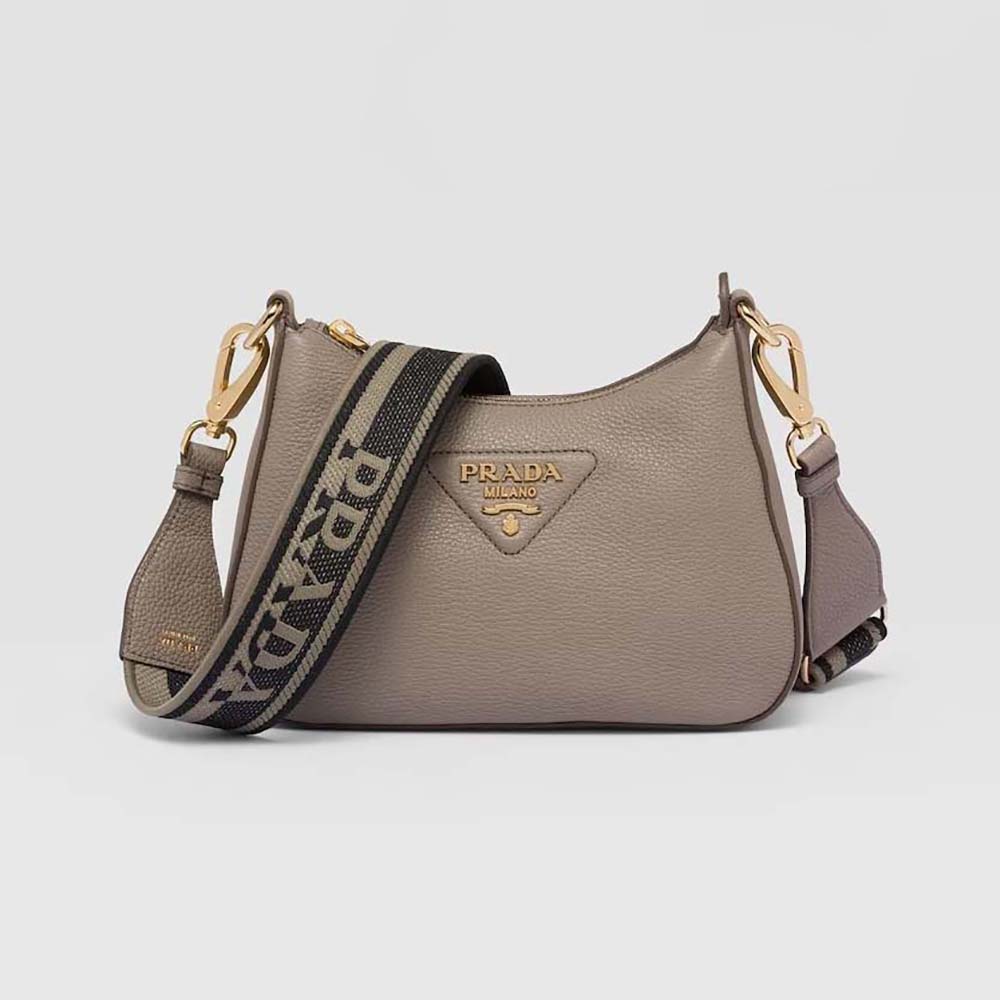 Front angle view of Prada Women Leather Shoulder Bag-Gray with flap closed