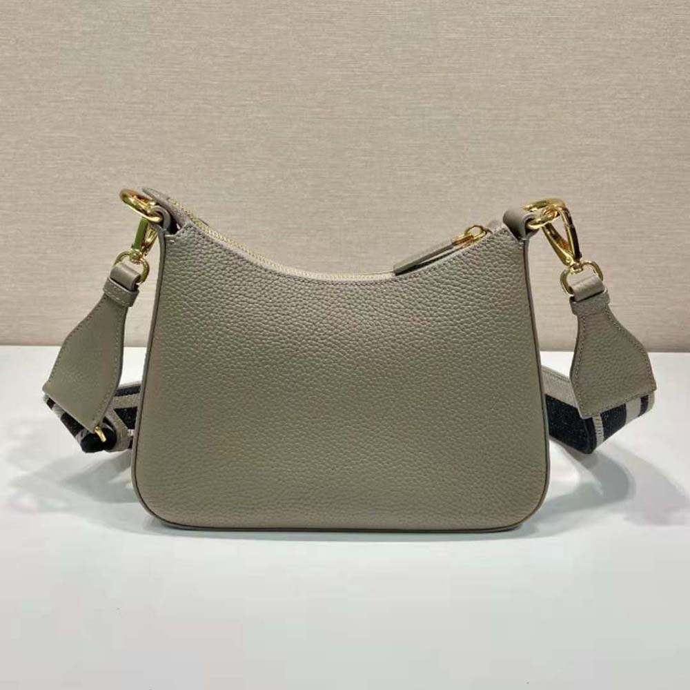 Side profile showing adjustable shoulder strap of Prada Women Leather Shoulder Bag-Gray