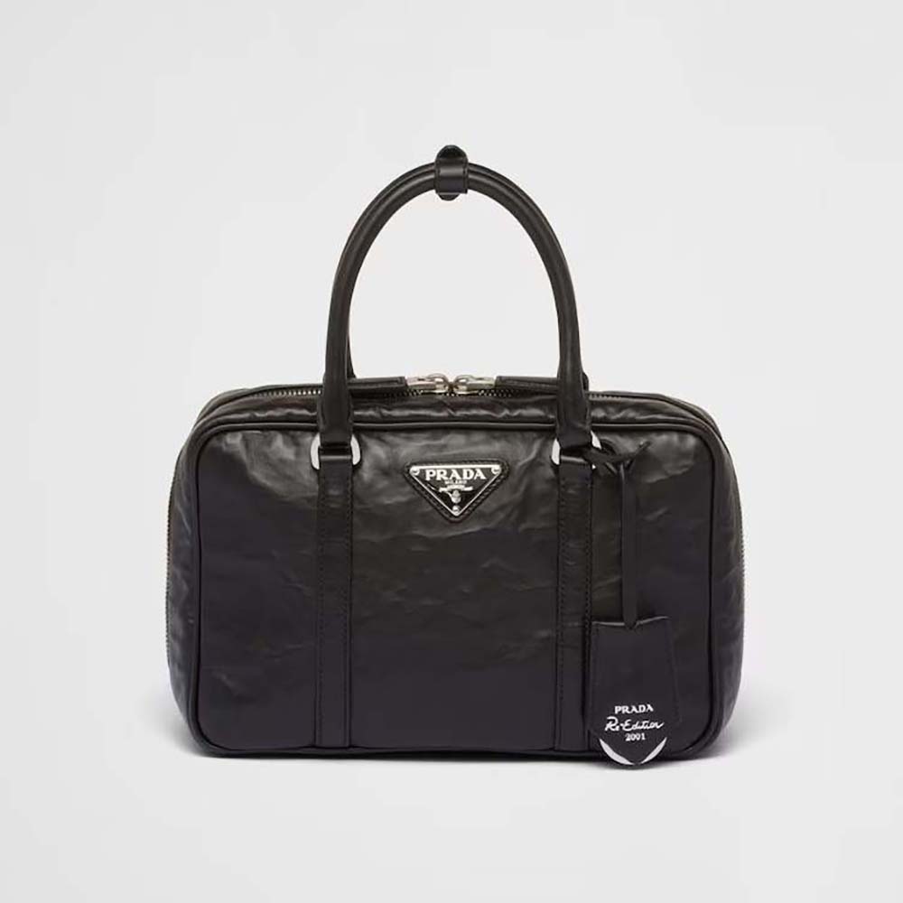 Front view of Prada Women Medium Antique Nappa Leather Top Handle Bag-Black