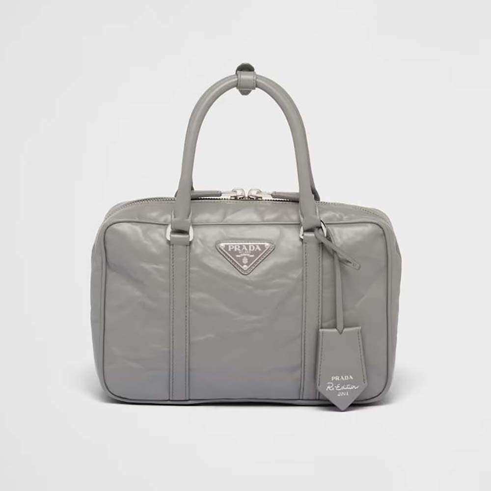 Front view of Prada Women Medium Antique Nappa Leather Top Handle Bag-Gray
