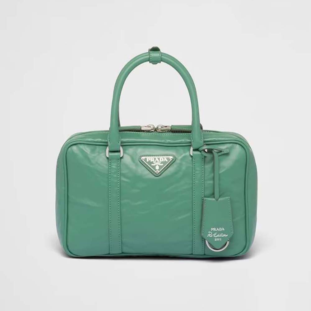 Side angle of Prada Women Medium Antique Nappa Leather Top Handle Bag-Green