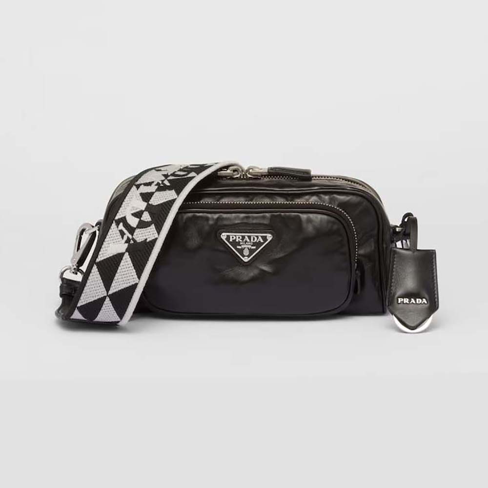Front view of Prada Women Nappa Antique Leather Multi-Pocket Shoulder Bag-Black