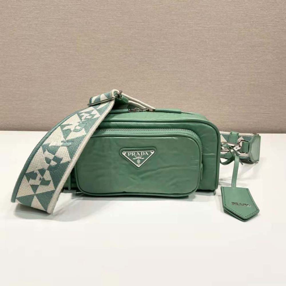 Side profile showing pockets on Prada Women Nappa Antique Leather Multi-Pocket Shoulder Bag-Green
