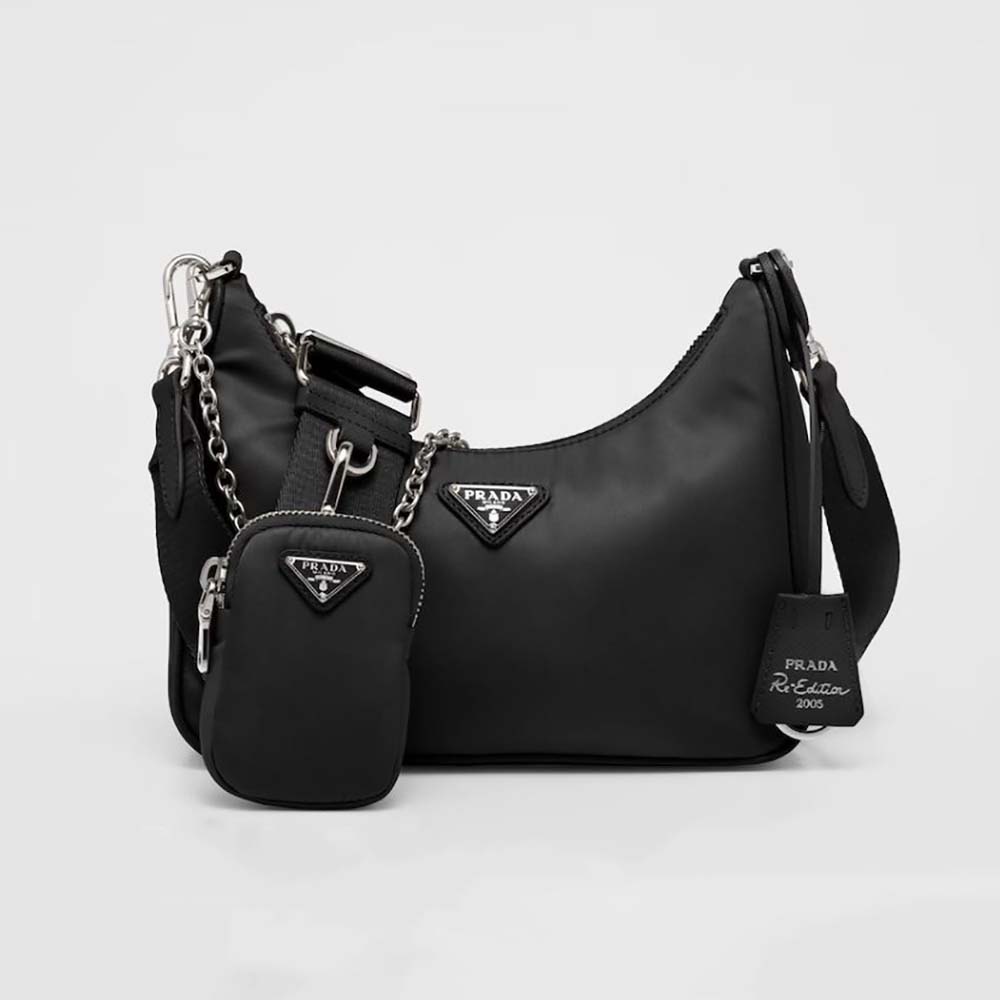 Front view of Prada Women Re-Edition 2005 Re-Nylon Bag-Black with logo detail