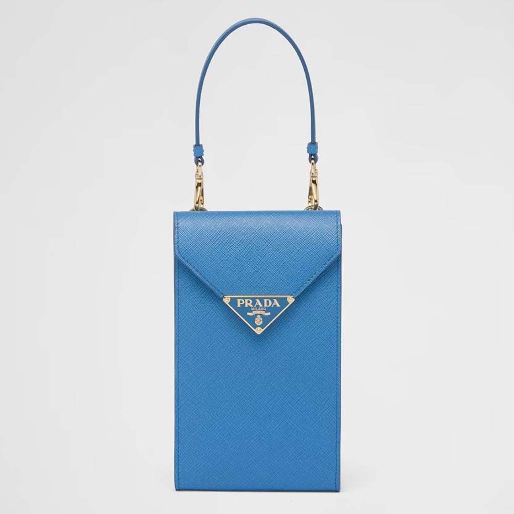 Front view of Prada Women Saffiano Leather Mini-Bag-Blue with gold hardware