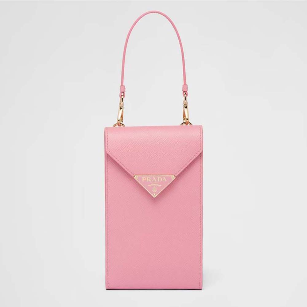 Front view of Prada Women Saffiano Leather Mini-Bag-Pink showing gold logo