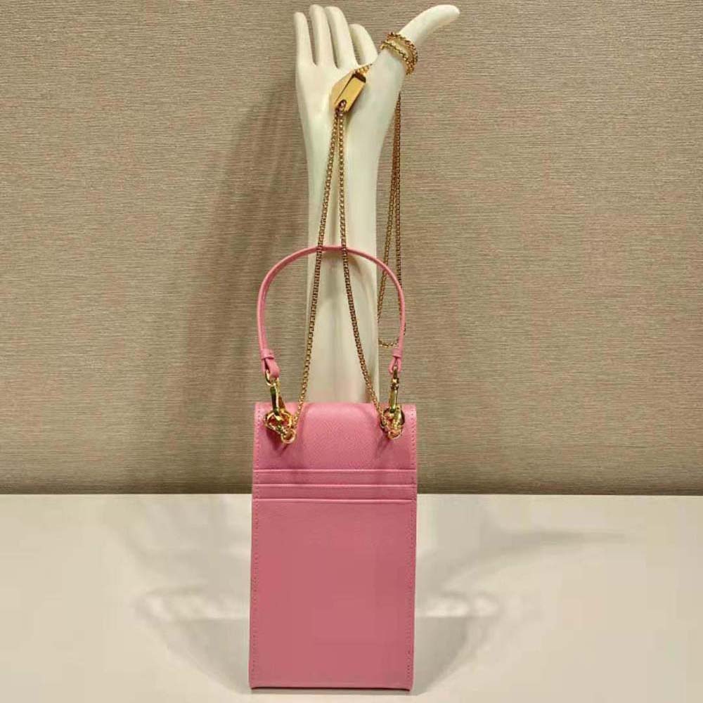 Side angle of Prada Women Saffiano Leather Mini-Bag-Pink with adjustable strap