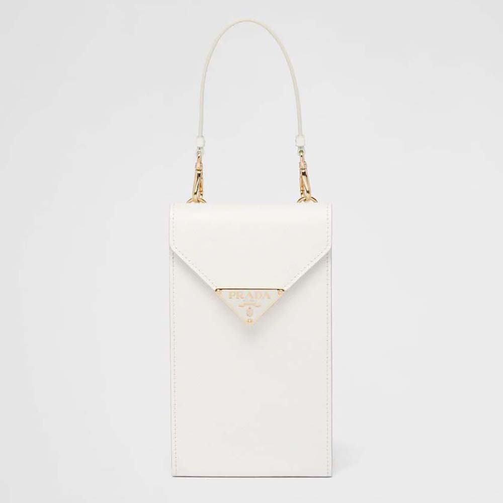 Front view of Prada Women Saffiano Leather Mini-Bag-White with flap closed