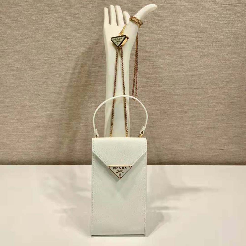 Close-up of gold hardware and textured leather on Prada Women Saffiano Leather Mini-Bag-White