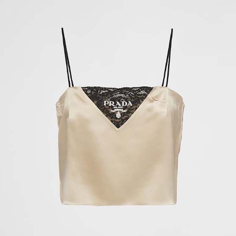 Front view of Prada Women Satin Crepe Top-Beige on model