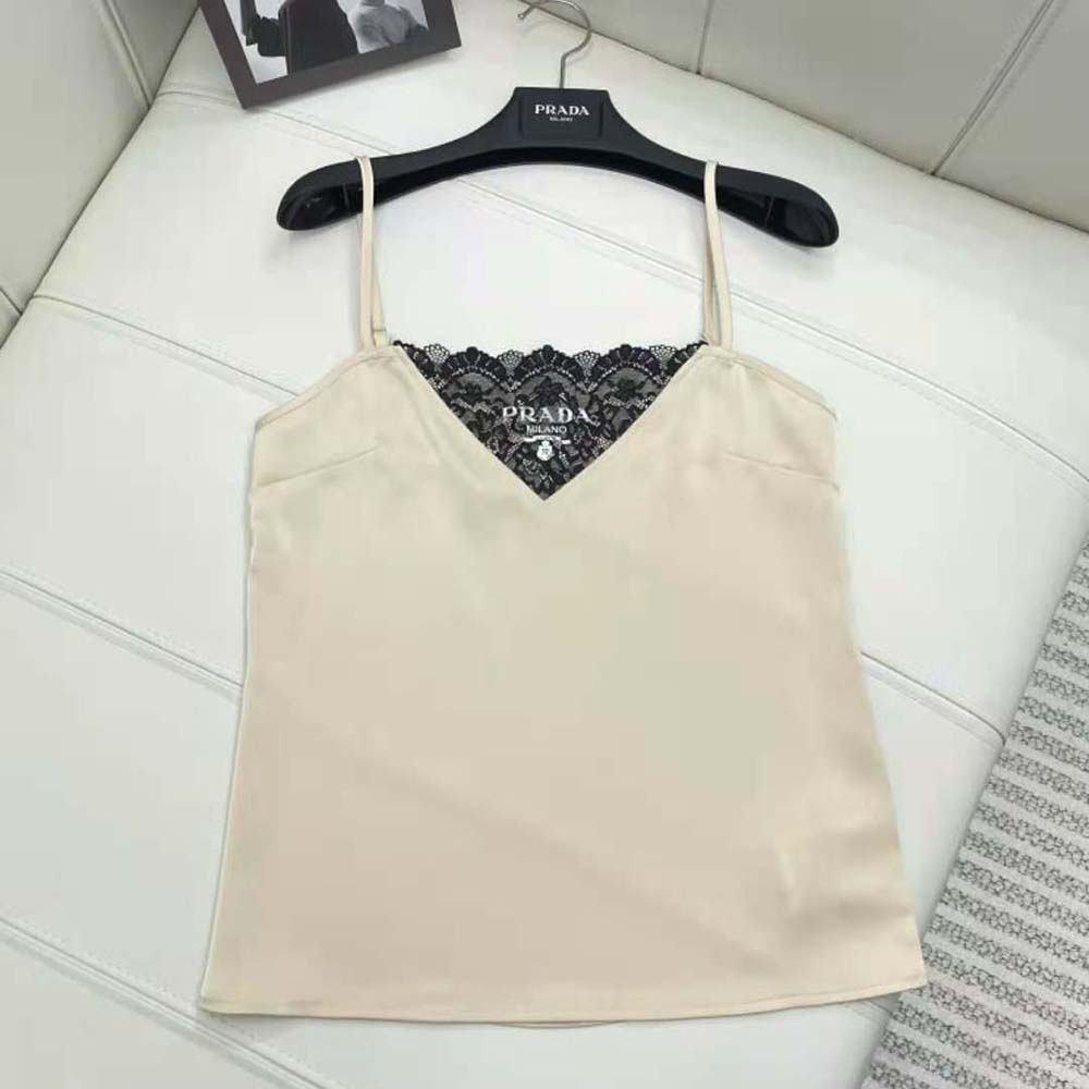 Close-up of satin crepe fabric and Prada logo detail on top