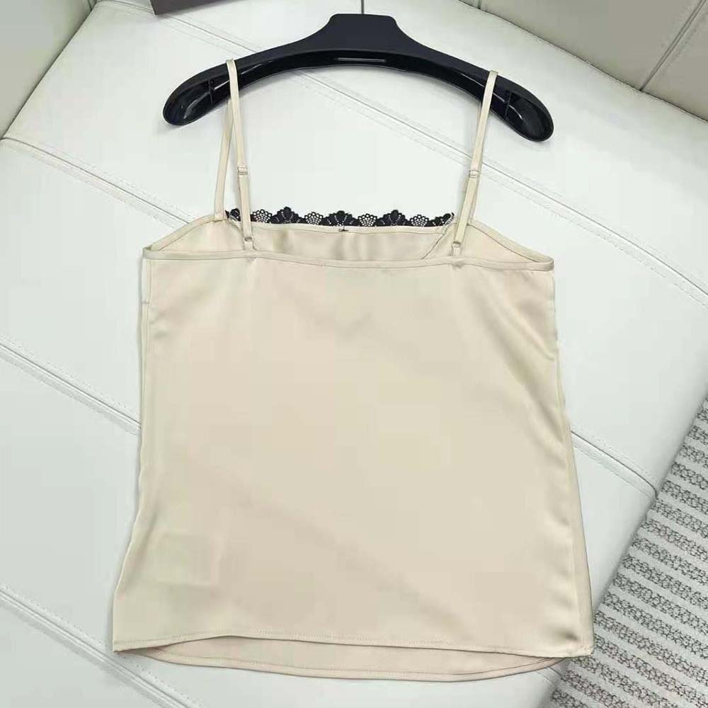 Side profile showing relaxed fit of Prada Women Satin Crepe Top-Beige
