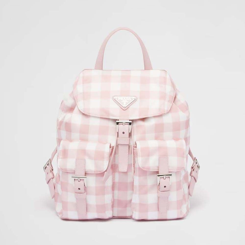 Front view of Prada Women Small Printed Re-Nylon Backpack-Pink