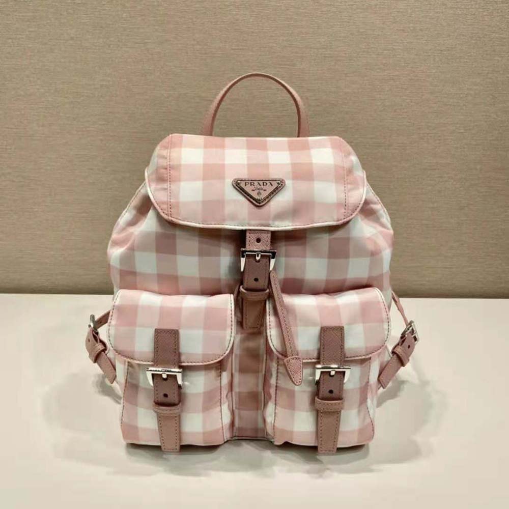 Close-up of silver hardware on Prada Women Small Printed Re-Nylon Backpack-Pink