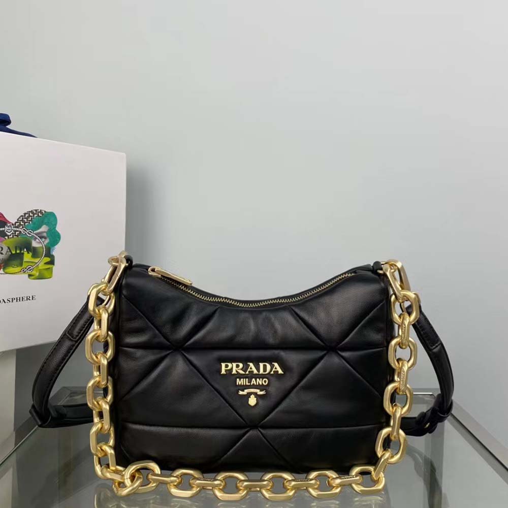 Close-up detail of patchwork leather on Prada Women System Nappa Leather Patchwork Bag-Black