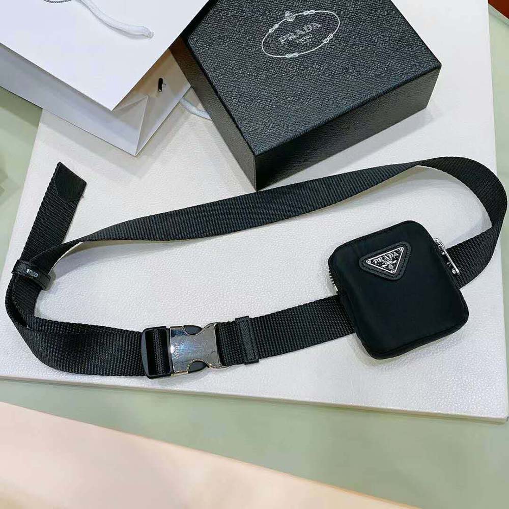 Side angle showing buckle and nylon texture of Prada Women Woven Nylon Belt