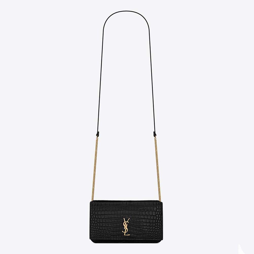 Front view of Saint Laurent YSL Women Cassandre Phone Holder in black leather