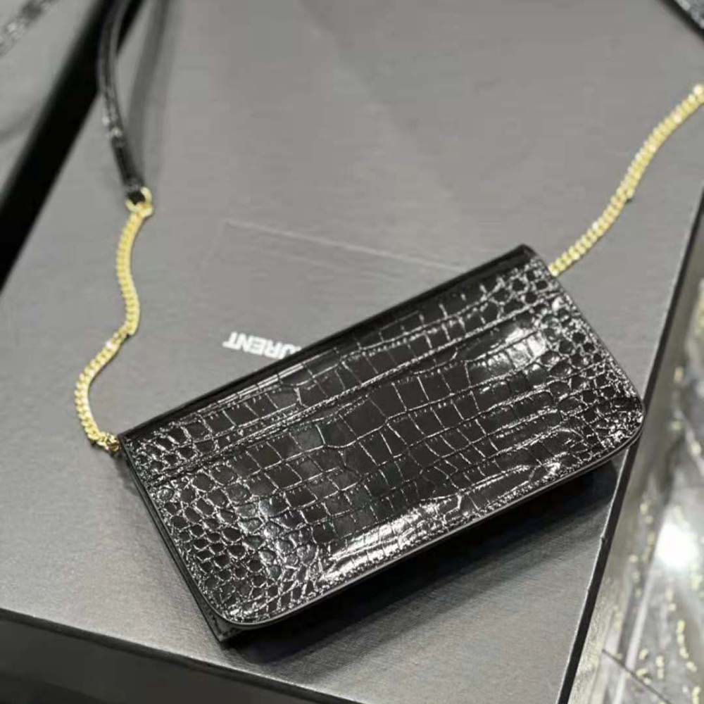 Saint Laurent YSL Women Cassandre Phone Holder with Strap in Shiny Crocodile-Embossed Leather-Black - image 6