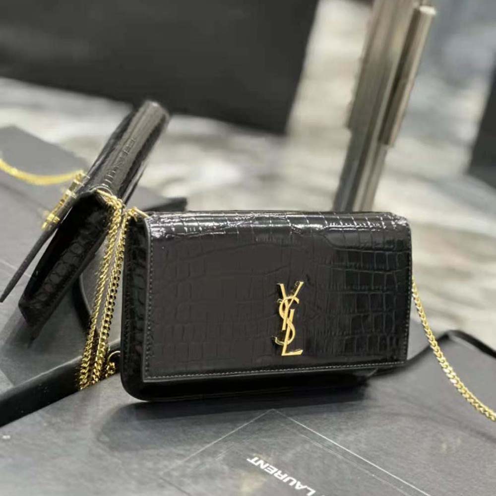 Saint Laurent YSL Women Cassandre Phone Holder with Strap in Shiny Crocodile-Embossed Leather-Black - image 4
