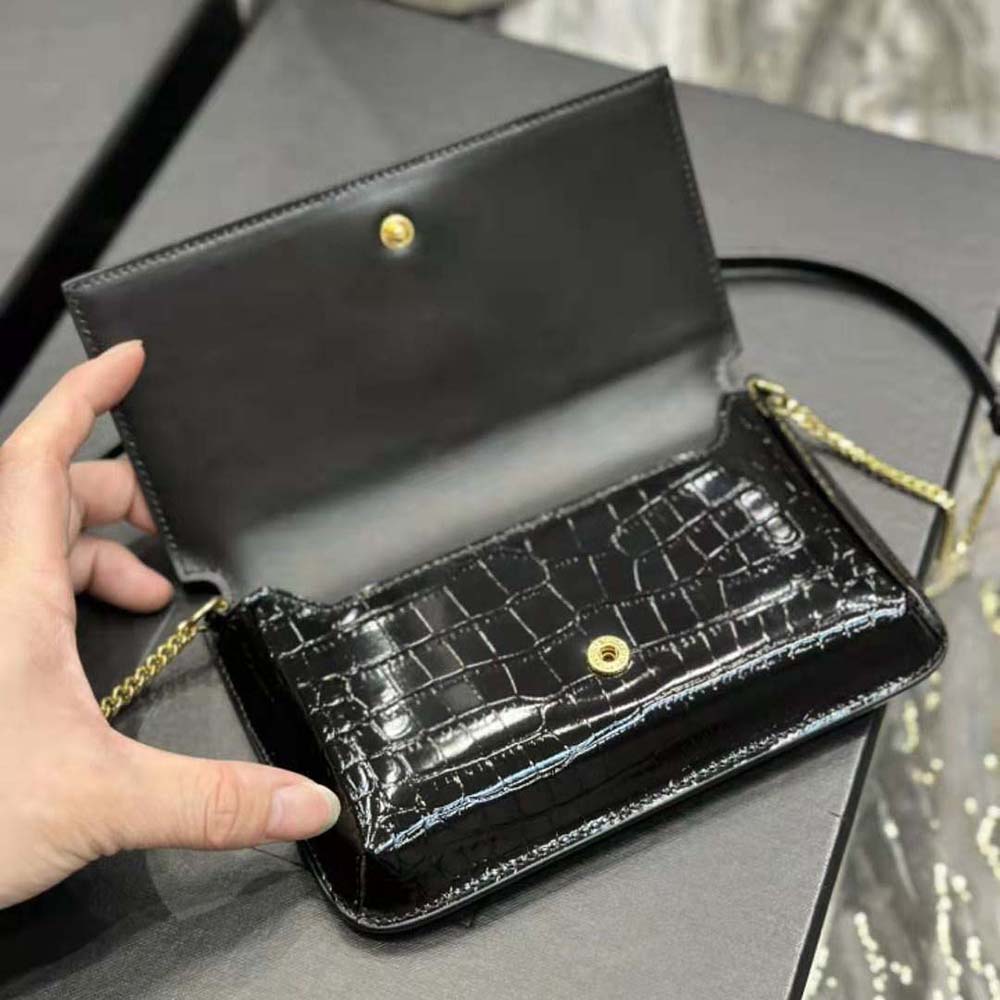 Saint Laurent YSL Women Cassandre Phone Holder with Strap in Shiny Crocodile-Embossed Leather-Black - image 8